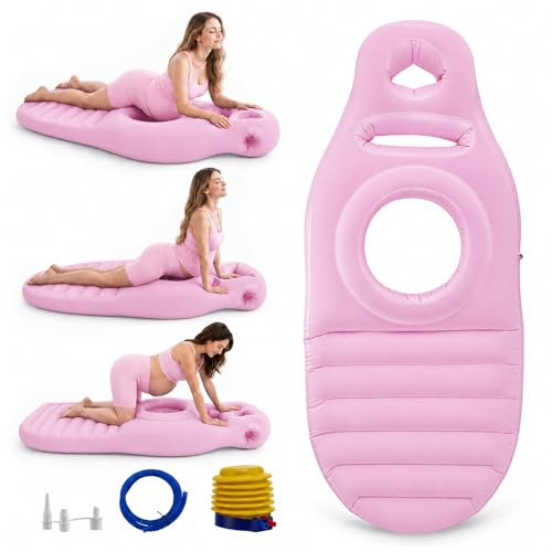 VeftBltrem Aufblasbares Schwangerschaftskissen, Yogamatte Für Schwangere Mit Loch, Bequeme Beflockte Luftbett für Schwangere Frauen, Bauchlage Matte, Ganzkörperunterstützung Schmerzlinderung(Rosa)