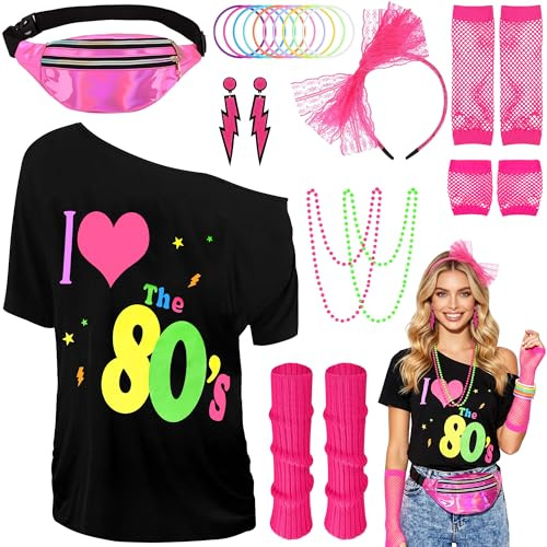 Vervora 80er Jahre Kostüm Damen Set, 80s Outfit Frauen mit T-Shirt Gürteltasche Beinstulpen Netzhandchuhe Neon Schmuck, 80er Jahre Kleidung für Karneval Fasching Mottoparty Disco