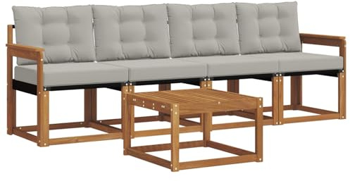 Foknhdi Gartenmöbelset 5-teilig, Loungeset aus massivem Akazienholz und Textilene mit Sitz- und Rückenkissen, Modular, Naturbelassen und Hellgrau, für Garten und Terrasse