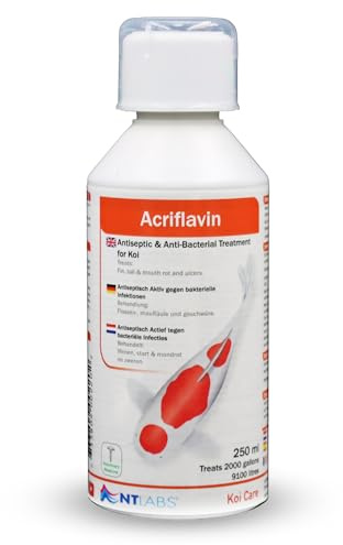 NT Labs Koi Care Acriflavin Treatment (250ml Treats 9100L) | Liquid formula targets mouthrot, tailrot and finrot symptoms to clear up visible open wounds in koi ponds.
