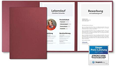 Bewerbungsmappe einzeln Bordeaux 3-teilig mit 2 Klemmschienen in feinster Lederstruktur (1 Stück)