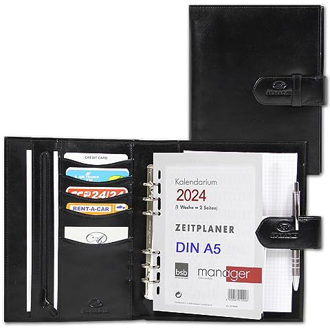 ALMADIH Leder A5 Terminplaner mit Ringmechanik Kalender 2025 2026 Schreibblock Premium Rindsleder Schwarz Ledermappe Mappe Schreibmappe Organizer Terminkalender Systemplaner Ringbuchmappe (A5-Ter-S)