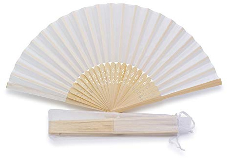 Pack of 50 Silk Fans for Wedding, White + Individual Organza Bag - Your Gift for Guests (50 Fans)
