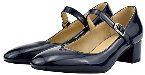 Etebella Damen Mary Jane Lack Pumps mit Blockabsatz und Riemchen 4cm Absatz Komfortschuhe (Blau,39)
