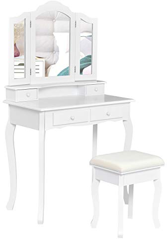 GOPLUS Schminktisch mit Hocker, Frisiertisch mit 4 Schubladen, Kosmetiktisch mit Abnehmbarem Oberteil, auch als Schreibtisch Verwendbar, aus Holz, 3-facher Spiegel, im Retro-Stil (Weiß)