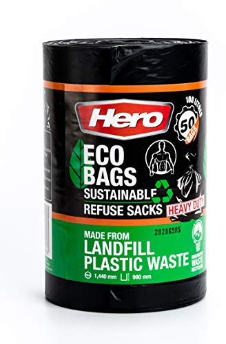 Hero Eco Recycled Strong Black Bin Liners - 100L Heavy Duty Refuse Sacks - 50 Large Bin Bags per Roll - Made from recycled landfill waste - Household, Garden & Commercial Use