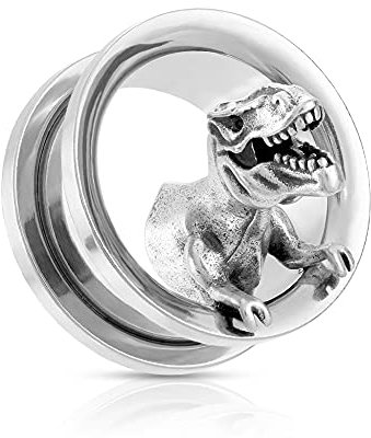 Treuheld® Silberner Flesh Tunnel mit 3D Dinosaurier | 5 Größen 10 mm