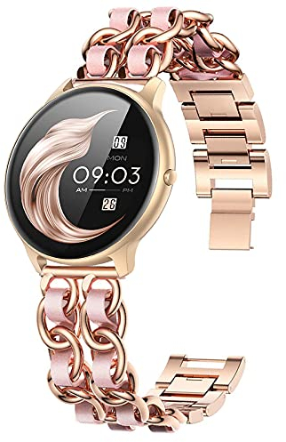 Giaogor Damen Kettenbänder Kompatibel mit AGPTEK, Edelstahlband Lederschlaufe Ersatzarmband für AGPTEK LW11 smartwatch (Roségold-Rosa)