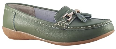 Jo & Joe Ladies Leather Moccasins Loafer Plimsole Pumps Womens Tassel Flat Shoes (Mistletoe, Numeric_7)