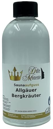Dufte Momente | Sauna Aufguss Konzentrat Allgäuer Bergkräuter 500ml | naturreine und natürliche ätherische Öle | für Finnische Sauna, Banja, Biosauna, Sanarium, … | vegan und ohne Tierversuche