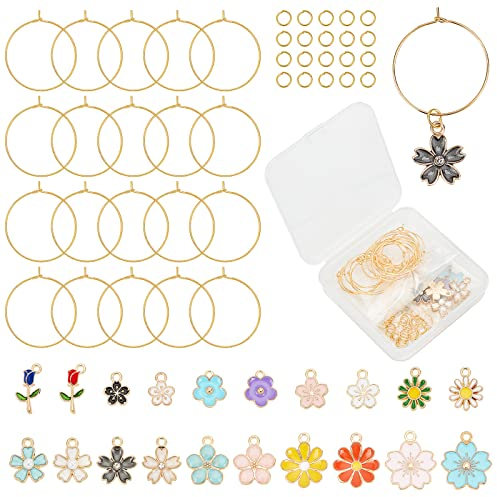 SUNNYCLUE 1 BOX 20Pcs 10 Styles Wine Glass Charms Flower Drink Marker Identification Pendants Including 20Pcs Alloy Enamel Flower Charm Brass Rings & Jump Rings for Party Favors Family Gathering