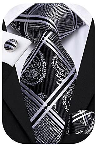 Hi-Tie Herren Krawatte Schwarz Paisley/Plaid/Streifen/Einfarbig Krawatten Set Einstecktuch Manschettenknöpfe Business Formal Hochzeit Meeting Geschenkbox,schwarzes Blumen plaid