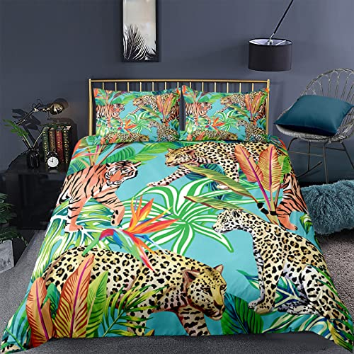 RFFLUX 3D Leopard Tiger Palmblätter Bettwäsche 135x200 cm 4teilig mit Reißverschluss Microfaser Warme Sommer Weich Bettbezug Set Kinderbettwäsche mit 2 Kissenbezug 80x80 cm für Mädchen Junge