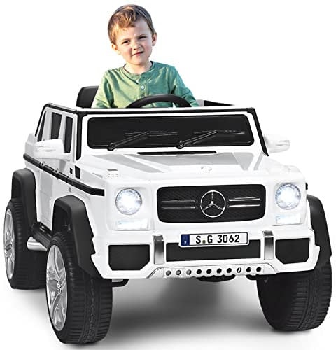 GYMAX Kids Ride on Car, 12V Battery Powered Licensed Mercedes Benz Toy Car with Remote Control, Music, Story, USB/TF, Storage Box & Safety Belt, Children Electric Truck for 3-8 Years Old (White)