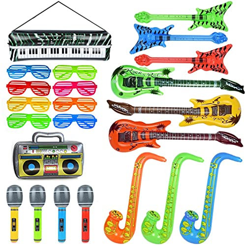 Funvalley Surperfect 23 PCS Inflatable Musical Instrument,Inflatable Guitar Microphone Rock Star Balloon Set Party Decorations Photo Booth Props Random Color