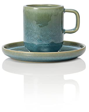 ROCKZZERO 6 Kaffeetassen und Untertassen im Set - Steingut, spülmaschinenfest - Steingut Tassen aus umweltfreundlichen Rohstoffen - Grün - 275 ml - Unterteller 14,5 cm Durchmesser
