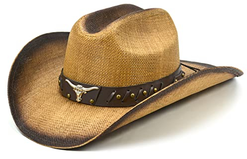 FLUFFY SENSE. Cowboyhut für Damen und Herren – Strohhut mit Falte, Westernhüte mit verbesserter 10,2 cm formbarer breiter Krempe, Helles Braun, 6 7/8-7 5/8