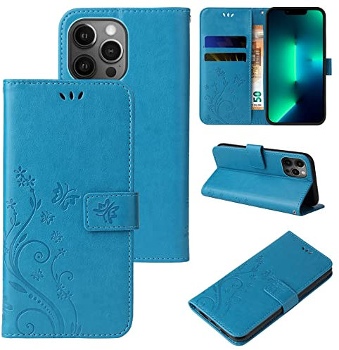 LBH Handy Hülle für Apple iPhone 13 Pro Max Case Handytasche Schmetterling Blumen Flower Standfunktion Schutzhülle Magnet Rundum Schutz 360 Grad Flipcase Cover Blau