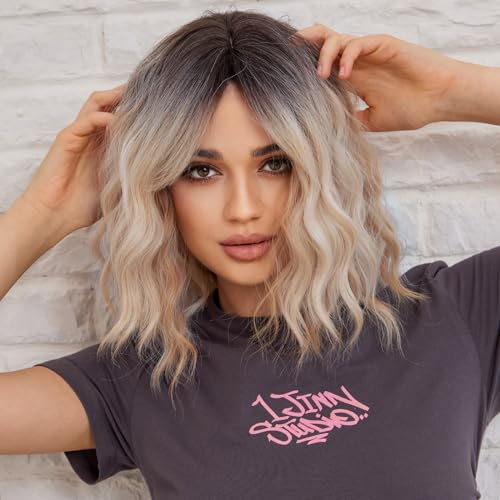 WOKESTAR Bob Lockige Perücke mit Fransen, Kurze Synthetische Gewellte Perücken für Frauen Blonde Farbe