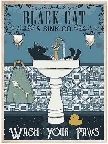 Black Cat Wash Your Paws Poster Bathroom Decoration Print Animal Picture Vintage Wall Art Toilet Restroom Home Decor (Framed Black, A4 21 x 29.7cm)