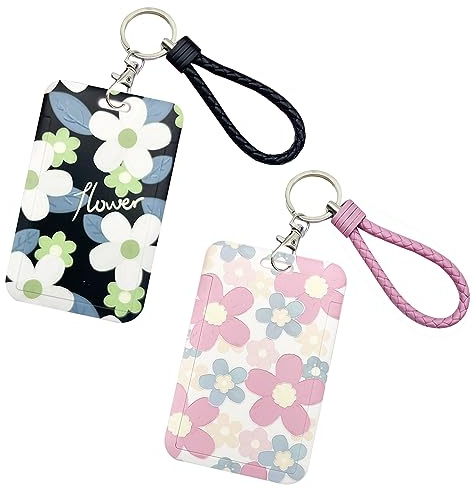 Kpop Fotokarten-Halter, Schlüsselanhänger, Blumen-Ausweishalter mit PC-Halter, Studentenbus-Karten-Anhänger, Abzeichen-Spule, Schreibwaren für den Schulanfang (schwarz und pink), 2 Stück