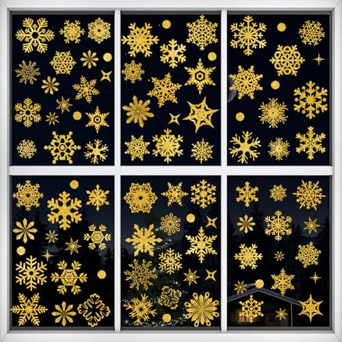 Schneeflocken Golden Weihnachten Fensterbilder Fensterdeko 93 pcs Selbstklebend Weinachts Dekoration Fenstersticker Winter Deko Weihnachtsdeko