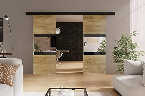 KIER FURNITURE Schiebetüren LUMBA DUO – Schiebetür Komplettset Schiene Komplettset Mit Tür – Zimmertüren Mit Zarge Komplett - B132xH205xT1,6 cm - Eiche Craft Gold