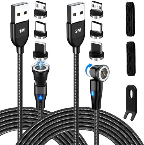 AXFEE 2-Pack 3.3ft/6.6ft 18W USB Fast Charging Cable with 2 Organizers, 540° Data Transfer 3-in-1 7Pin Magnetic Charger Cable for Type C/Micro USB/i-Products