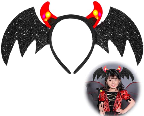 Sunwuun Karneval Halloween Deko FledermausTeufelshörner mit LED, Flügel Teufel Hörner Leuchtend Haarschmuck Haarreifen Männer Damen Kinder,Karneval Halloween Cosplay Party Teufel Kostüm Zubehör