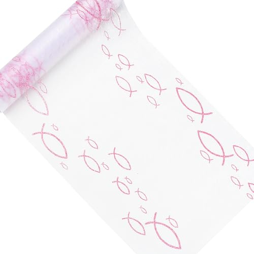 COLOFALLA 29cm x 5m Tischläufer Taufe Mädchen Rosa Kommunion Tischläufer Taufe Kommunion Konfirmation Firmung Deko für Mädchen Tischband Dekostoff (Rosa)