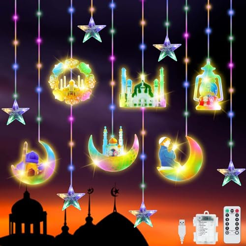 YeahBoom 114 LED Ramadan Licht Stern Mond Lichterketten,3m Sterne Mond und Schloss Ramadan Deko Licht,Eid Mubarak Licht LED mit 8 Blinkenden Modi & Fernbedienung,Batterie & USB betriebene Lichterkette