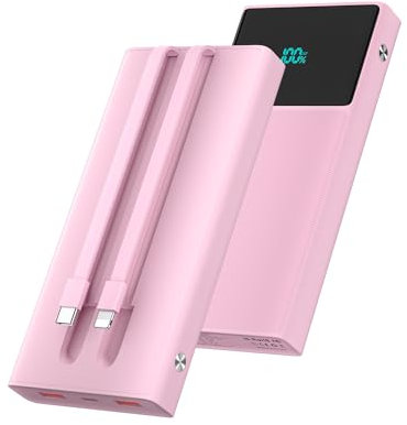 Power Bank Fast Charging, 13000mAh Portable Charger with Built-in 2 Cables, with LED Display & 5 Outputs, Battery Pack Compatible with iPhone 17 16 15 14 Android and More, Pink