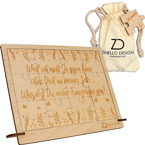 ZINELLO DESIGN - Holzpuzzle Willst du Meine Trauzeugin Sein, persönliche Puzzle-Geschenkidee um die Trauzeugin zu Fragen, außergewöhnliche Ankündigung Junggesellinnenabschied (Mit Rahmen)