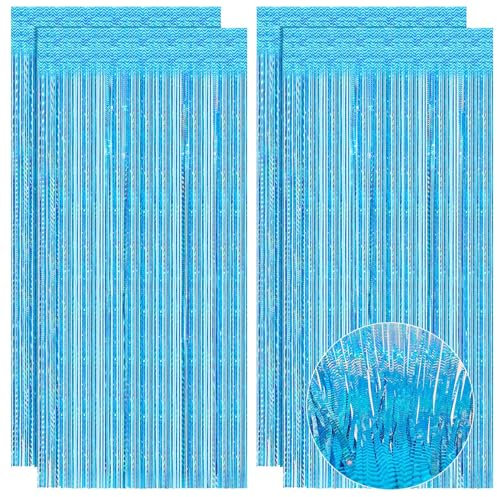 4Pcs 3.2ft x 6.5ft Blue Foil Curtain Backdrop, Foil Fringe Curtains Tinsel Curtains Party Decoration Streamers for Birthday Wedding Baby Shower Frozen Party Decor