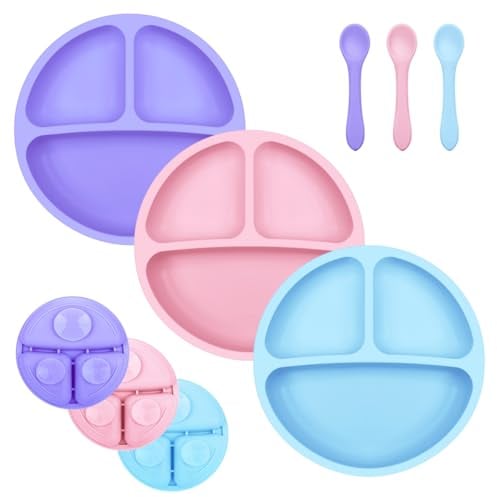 BEBOAN 3PCS Silicone Divided Plate, Upgraded Non Slip Suction Plates,100% BPA-Free Feeding Dishes, Baby Toddler Plate Fits for Most High Chair (Purple/Pink/Light Blue)