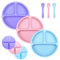 BEBOAN Baby Teller, 3 Pack Silikon Kinderteller mit Saugnapf, Geteilte Standfeste Babyteller mit Löffel, Tragbar BPA-Frei Rutschfest Silikon Kindergeschirr Set (Lila/Rosa/Hellblau)
