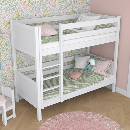 N-wood N02 Etagenbett 90x200 cm, Kinderbett mit Leiter, 2 Leitermontageseiten, 2 getrennte Betten, sichere abgerundete Kanten, Stabile Massivholzkonstruktion, Hochwertige Materialien, Weiß