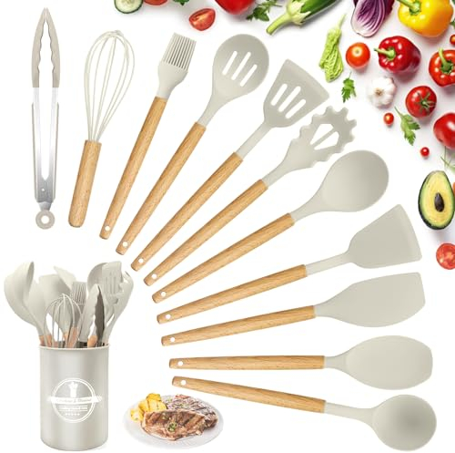 Silicone Kitchen Utensils 22 Pieces, Set of Utensils da Cucina per Pentole Antiaderenti, Heat and Non-Stick with Wooden Handle for Utensils BPA Free (Khaki)