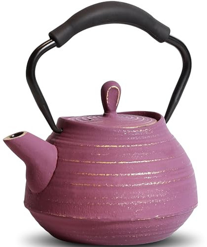 GUANGHEIRON Cast Iron Teapot, 22oz Tea Kettle Stovetop Safe with Infuser for Tea & Coffee, Hand made thread pattern Japanese Tea Pot Coated with Enameled Interior, Silicone Handle, 650ml Purple