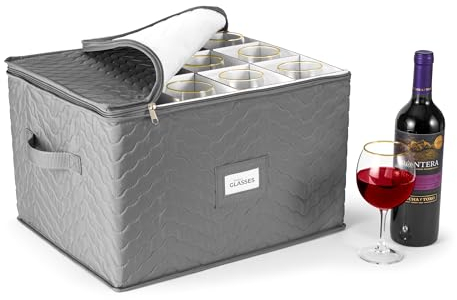 Sorbus Stemware Storage Cases (Quilted) Wine Glass Storage Box Case with Dividers and Handle - China Storage Containers Holds 12 Crystal Glassware, Red White Wine Glasses, Champagne Flutes, Goblets