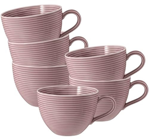 Seltmann Weiden Beat Color Glaze Milchkaffeetassen 6er Set, 350 ml, Cappuccinotassen mit Rillen-Relief, Porzellan, Altrosa