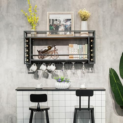 An der Wand montiertes Weinregal mit Weinglashalter, Weinflaschenregal aus Eisen, schwebende Regale for die Bar, multifunktionaler Flaschenhalter aus Metall, Wandregal for die Küche, den Weinkeller un