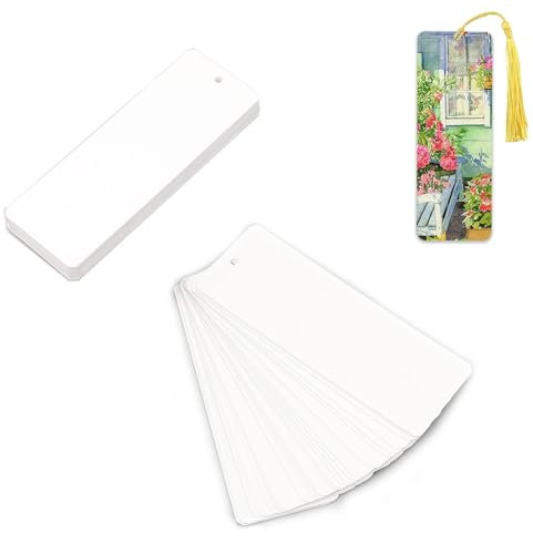 YFaith 14 x 5 cm Lesezeichen Basteln, 60 Stück Lesezeichen Papier Blanko, Geschenkanhänger Weiß, Lesezeichen Selbst Gestalten mit Löchern, für Aquarelle, Zeichnungen, DIY