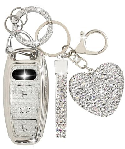 ZVRSUA Coque de Clé de Voiture pour Audi,Porte Clés Voiture Amour Strass,Étui de Clé Voiture Compatible avec Audi A6L, A6, A7, A8, Q7, Q8, E-Tron, S6, RS6, S7, RS7, SQ7, SQ8 (Argent)