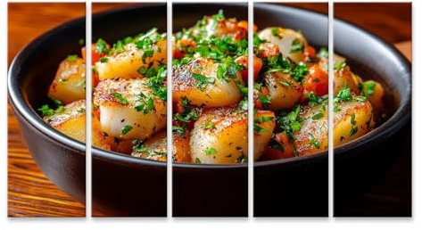 islandburner Impression sur toile de qualité supérieure - Pommes de terre frites et coquilles Saint-Jacques avec herbes - Pour cuisine, gourmets, restaurants, images murales