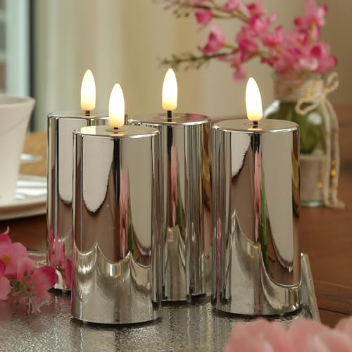 MARELIDA LED Kerzen silber glänzend festliche Kunststoff Stumpenkerzen mit Timer flackernd Batterieberieben für Innenbereich Kerzenset (D: 5cm - 4er Set)