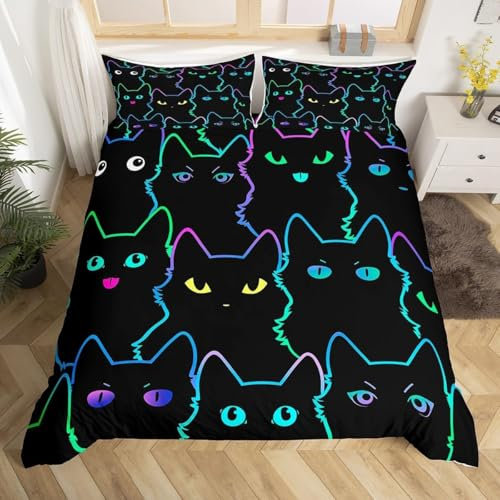 Homewish Housse de Couette 140x200 Enfant Fille Chat 1 Personne, Parure de Lit Adolescent Chat Noir, Sets de Housses de Couettes Animaux de Dessin Animé, avec 1 Taie d'oreiller 65x65 cm