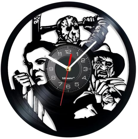 Viiluuxr Ausgefallene Horror-Wanduhr 30 cm, leise Vinyl-Uhr, schwarz | Ausgefallene schwarze Wanduhr im Schallplatten-Look, 30 cm, für Wohnzimmer und Gamingzimmer, ohne störende Tickgeräusche