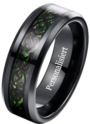 NUNCAD Personalisiert Wolfram Ring Herren 8mm Keltischer Drachenring Schwarz Eheringe mit Grün Kohlefaser und Abgeschrägte Kanten Größe 54.4(17.3)