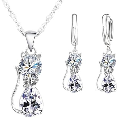 Gionatan Shop Schmuck-Set aus 925er-Sterlingsilber, Halskette und Ohrringe, Motiv: Huggie Katze, mit funkelnden Zirkonia-Kristallen, elegantes Geschenk für Damen und Mädchen